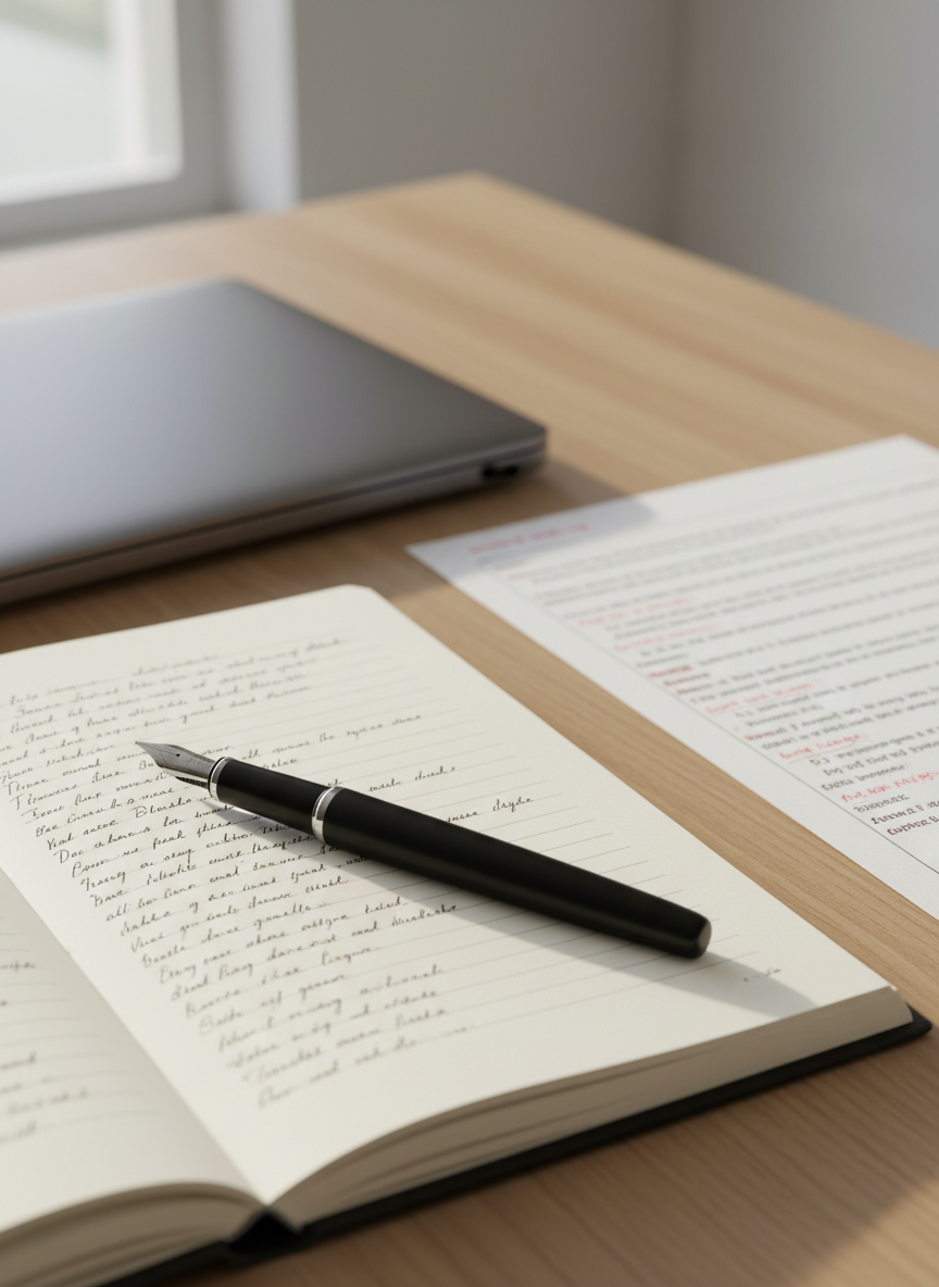 A sleek matte-black fountain pen with a silver nib rests diagonally across an open, ivory-colored notebook filled with neatly spaced, partially written lines of crisp black ink. The notebook lies on a clean, light oak desk beside a closed laptop and a single, neatly stacked manuscript page marked with precise red annotations. Soft morning daylight streams in from an unseen window to the left, casting gentle, elongated shadows and subtle highlights along the pen’s barrel and the paper’s faint texture. Shot at an eye-level angle with a shallow depth of field, the pen and written words are in sharp focus while the background blurs into soft bokeh. The mood is focused, professional, and calm, with photographic realism and a clean, modern aesthetic that emphasizes clarity in writing.