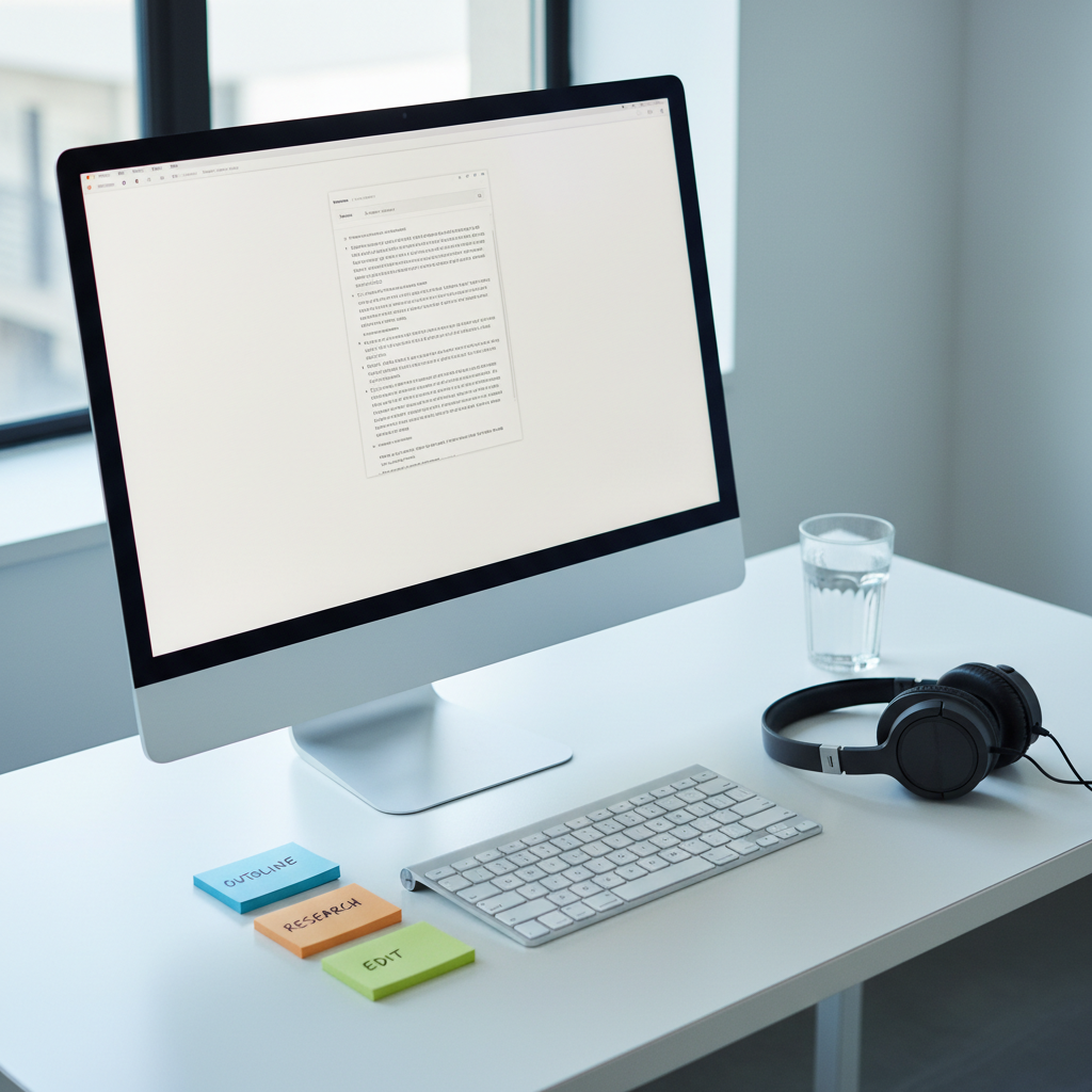 A minimalist white desk holds a large, frameless computer monitor displaying a blank, softly glowing document on a clean writing interface. In front of the screen, a slim, silver keyboard and a small stack of color-coded index cards with handwritten headlines create an organized layout. To the right, a clear glass of water catches the light, and a pair of noise-canceling headphones rests neatly folded. Cool, diffused daylight from a nearby window bathes the scene, creating gentle reflections on the monitor and keyboard. Captured from a slightly elevated, three-quarter angle with sharp focus throughout, the composition follows the rule of thirds. The atmosphere is calm, efficient, and ready for deep work, rendered in photographic realism with a professional, contemporary look that reinforces clear, distraction-free writing.