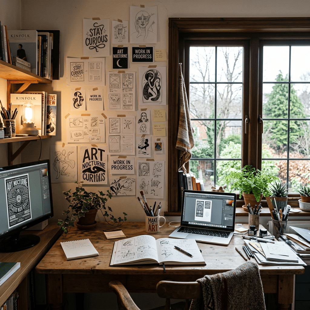 Art studio desk with sketches taped on wall, laptop and desktop screens showing digital artwork, plants, and art supplies.